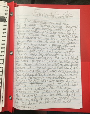 Noelle paper in her journal she wrote the first week of 4th grade she's so cool school work pics